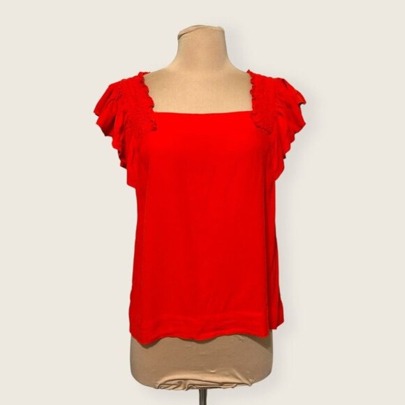 Anthropologie Maeve Red Ruffle Top 8 Smocked Square Neck Peasant Boho EUC - Picture 2 of 8